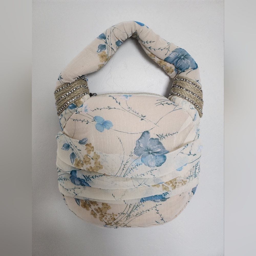 Elegant Floral Cream and Blue Shoulder Bag